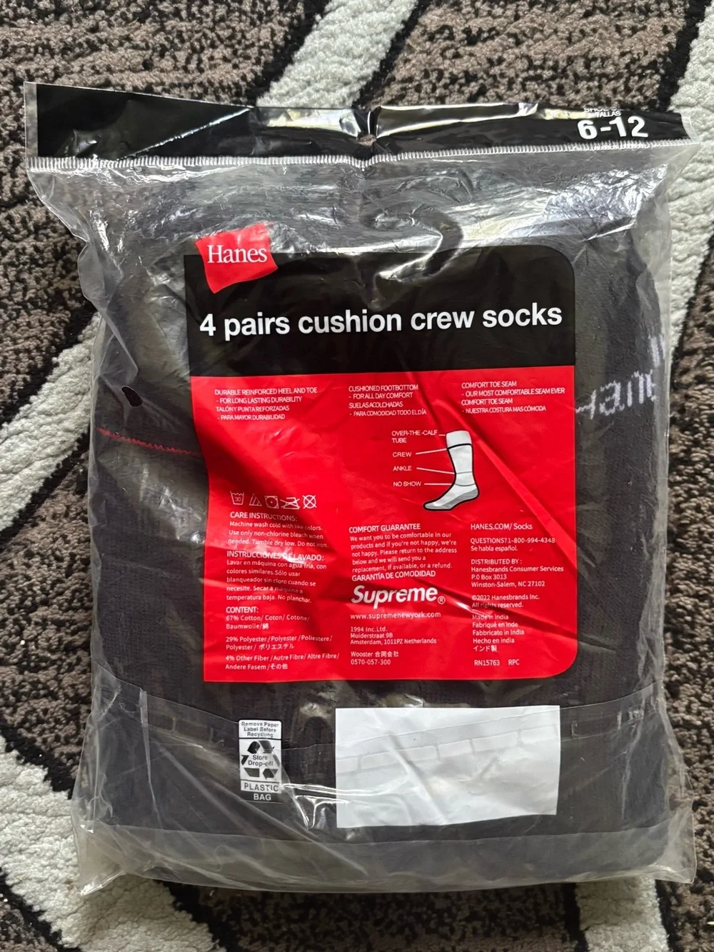 Supreme x Hanes Black Crew Socks